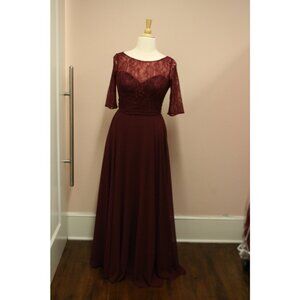 Long Wine Chiffon and Lace Formal Dress. 3/4 Sleeve. Size 14.